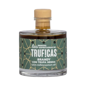 Brandy con trufa negra Tuber melanosporum de Truficas en botella de cristal con tapón de corcho