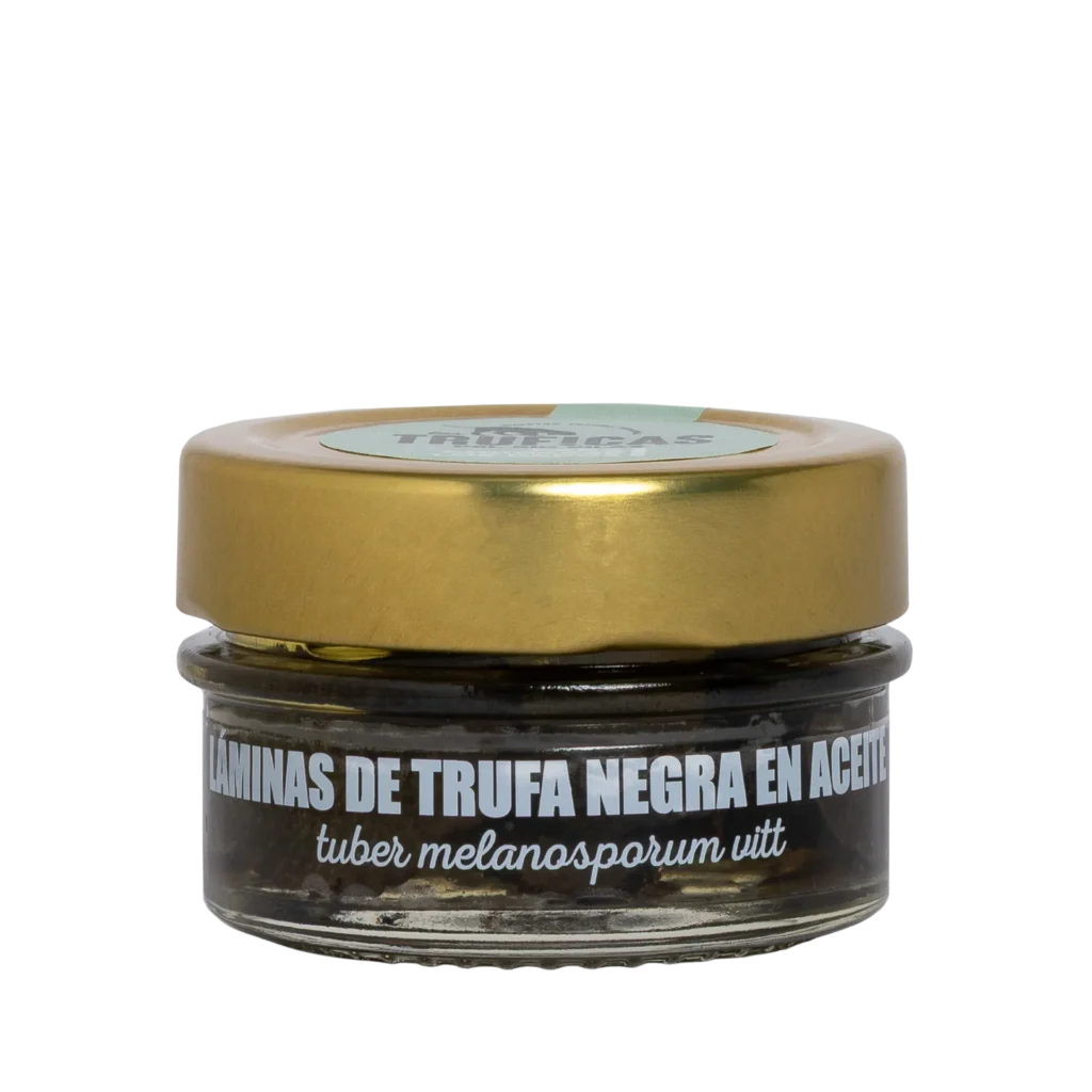 Tarro de láminas de trufa negra Tuber melanosporum en aceite vegetal de Truficas