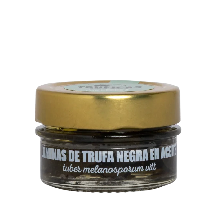 Tarro de láminas de trufa negra Tuber melanosporum en aceite vegetal de Truficas