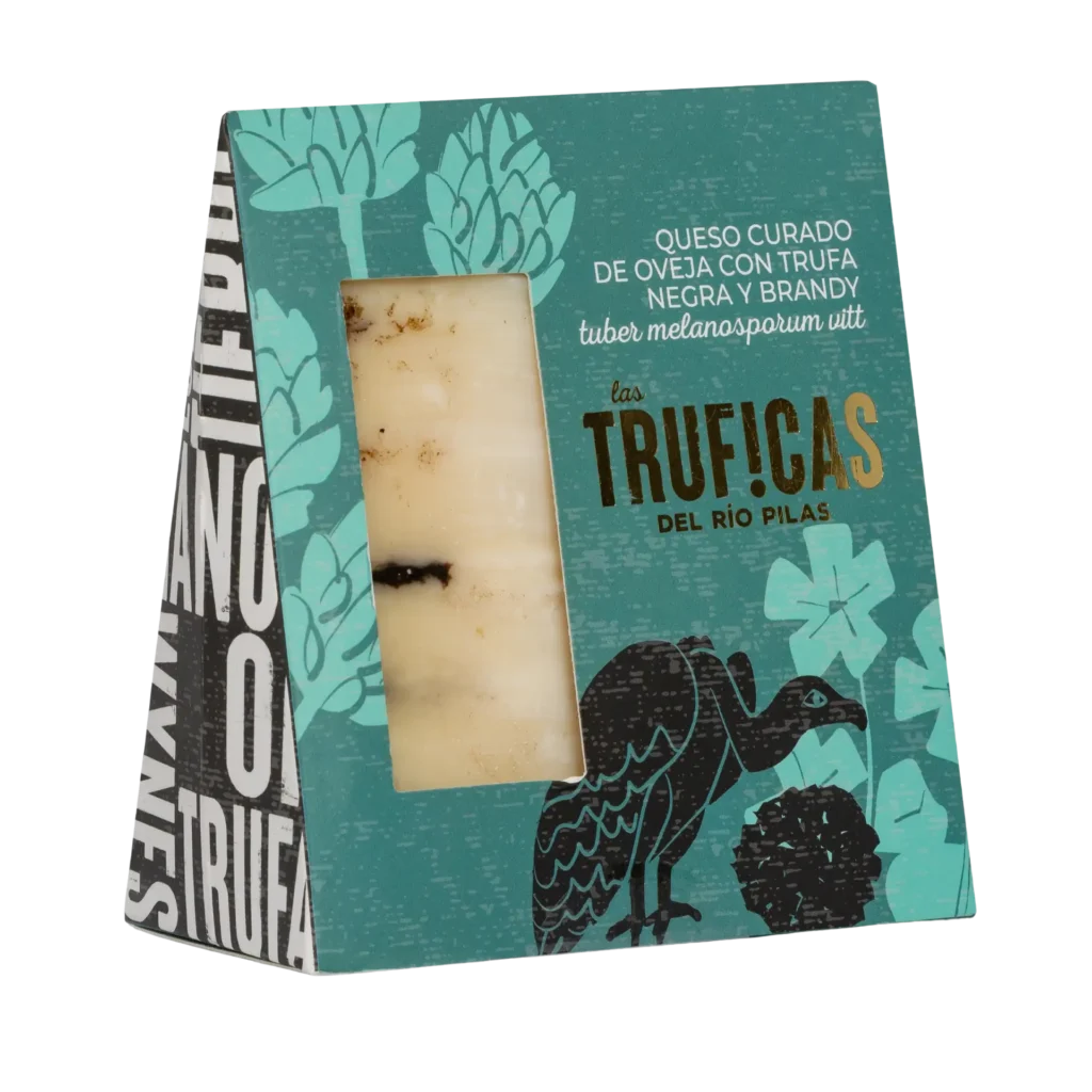 Cuña de queso curado de oveja con trufa negra y brandy Truficas en su estuche